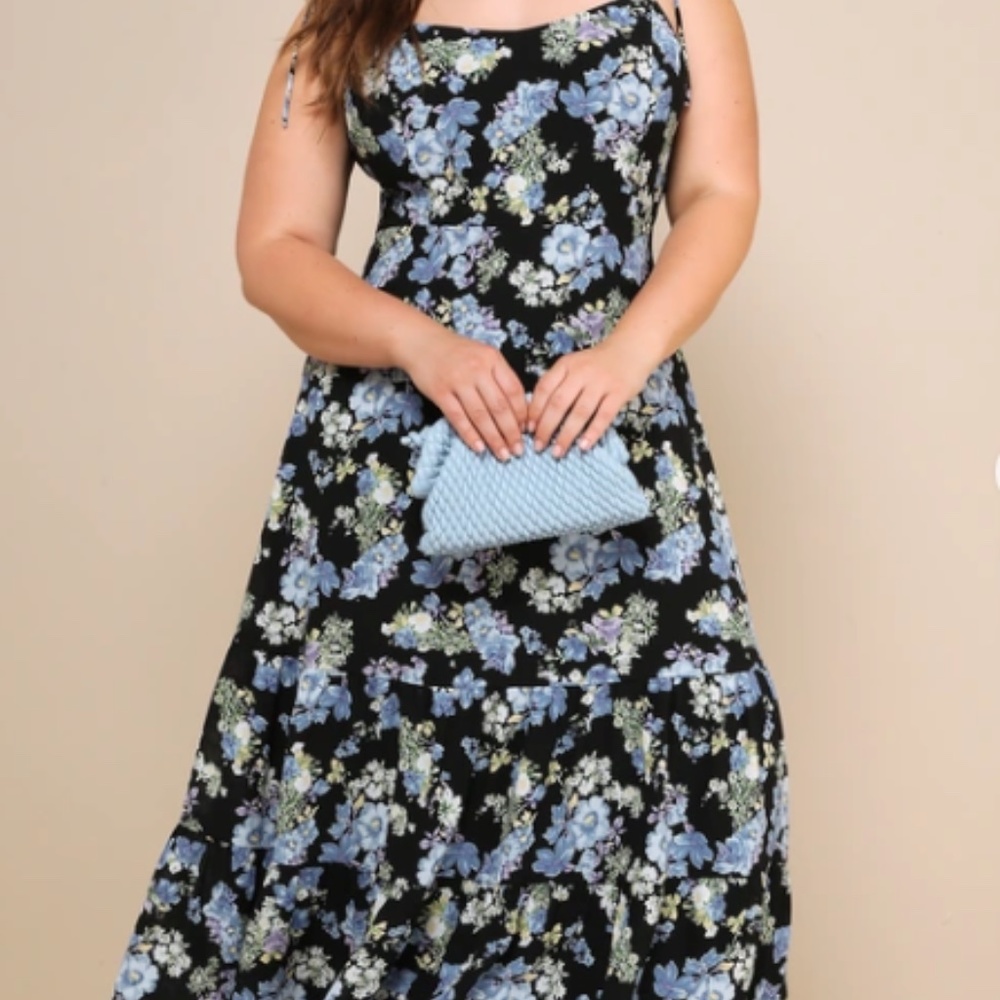 Lulus Black Dress with Blue Floral Print NEW